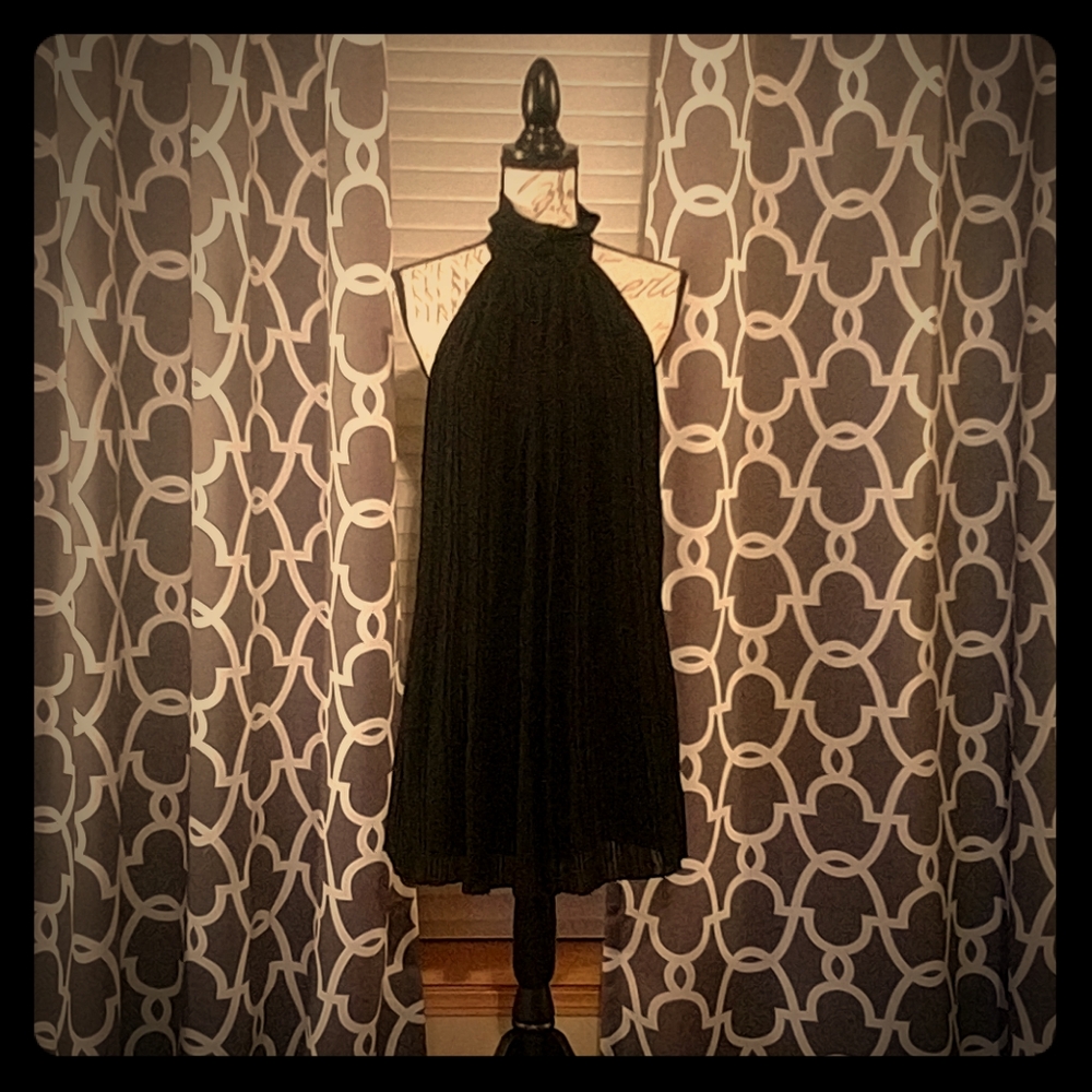 Black high neck pleated dress.
